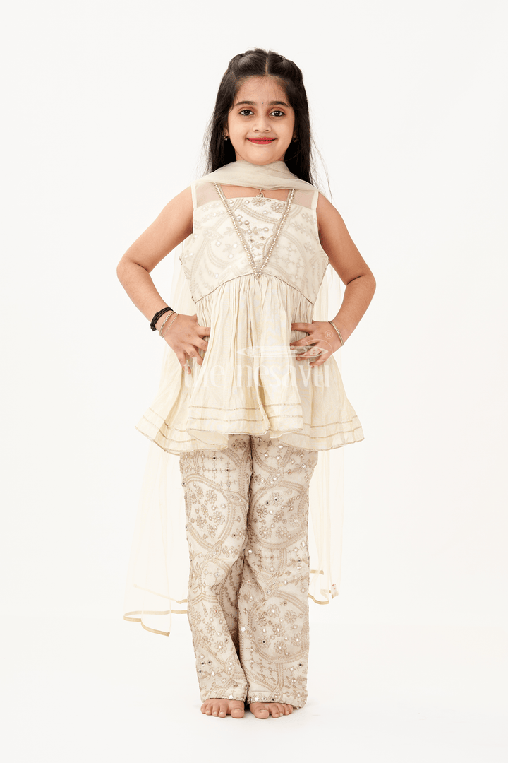 Girls Party Wear Sharara Dress in Viscose Tissue with Zari Thread Embroidery and Subtle Shine