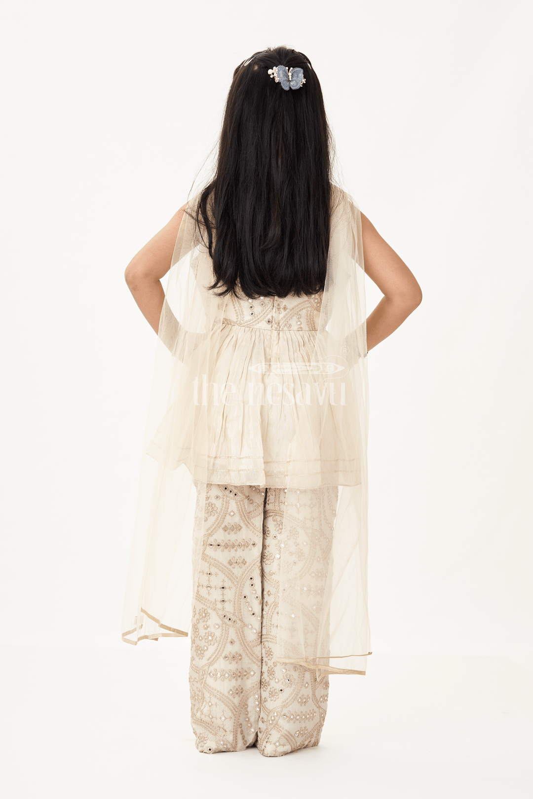 Girls Party Wear Sharara Dress in Viscose Tissue with Zari Thread Embroidery and Subtle Shine