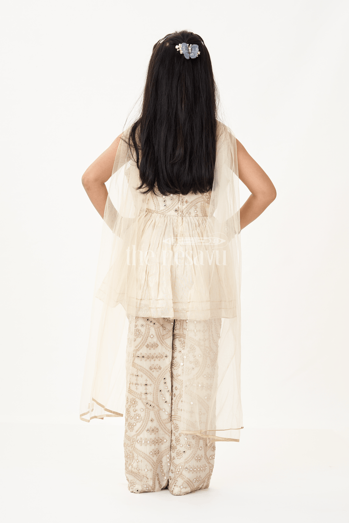 Girls Party Wear Sharara Dress in Viscose Tissue with Zari Thread Embroidery and Subtle Shine