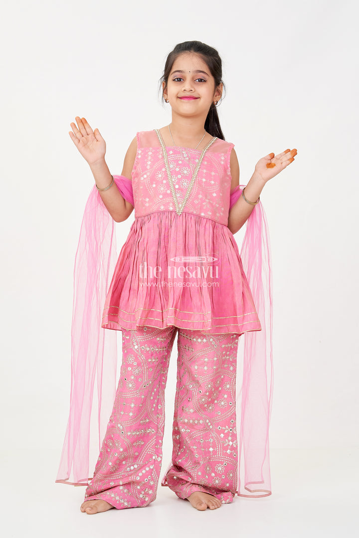 Light Pink Sharara Set with Designer Embroidery Peplum Top and Sequin Work Pants for Girls