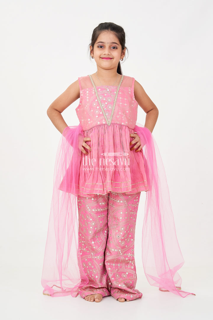 Light Pink Sharara Set with Designer Embroidery Peplum Top and Sequin Work Pants for Girls