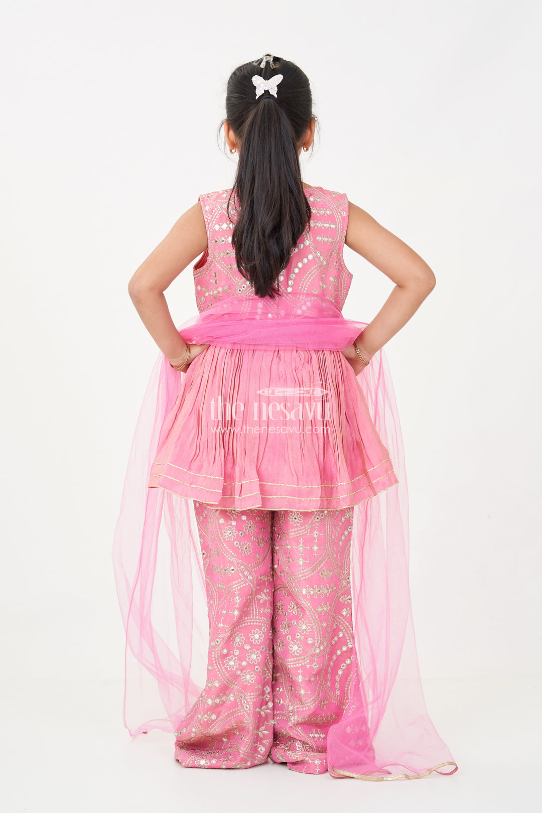 Light Pink Sharara Set with Designer Embroidery Peplum Top and Sequin Work Pants for Girls