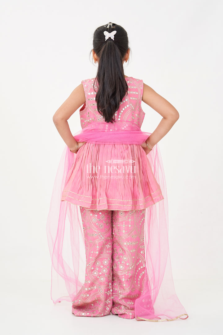 Light Pink Sharara Set with Designer Embroidery Peplum Top and Sequin Work Pants for Girls