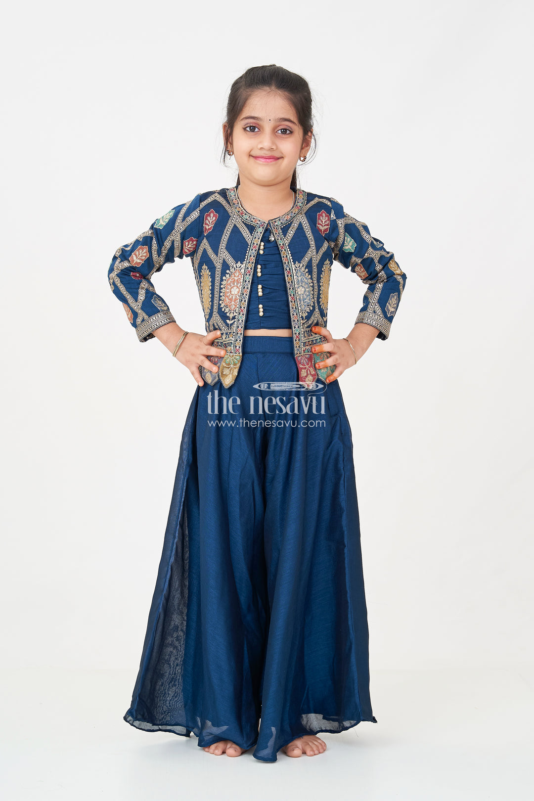 Stylish Party Wear for Girls in Blue Georgette Palazzo Set with Heavily Embroidered Jacket and Crop Top