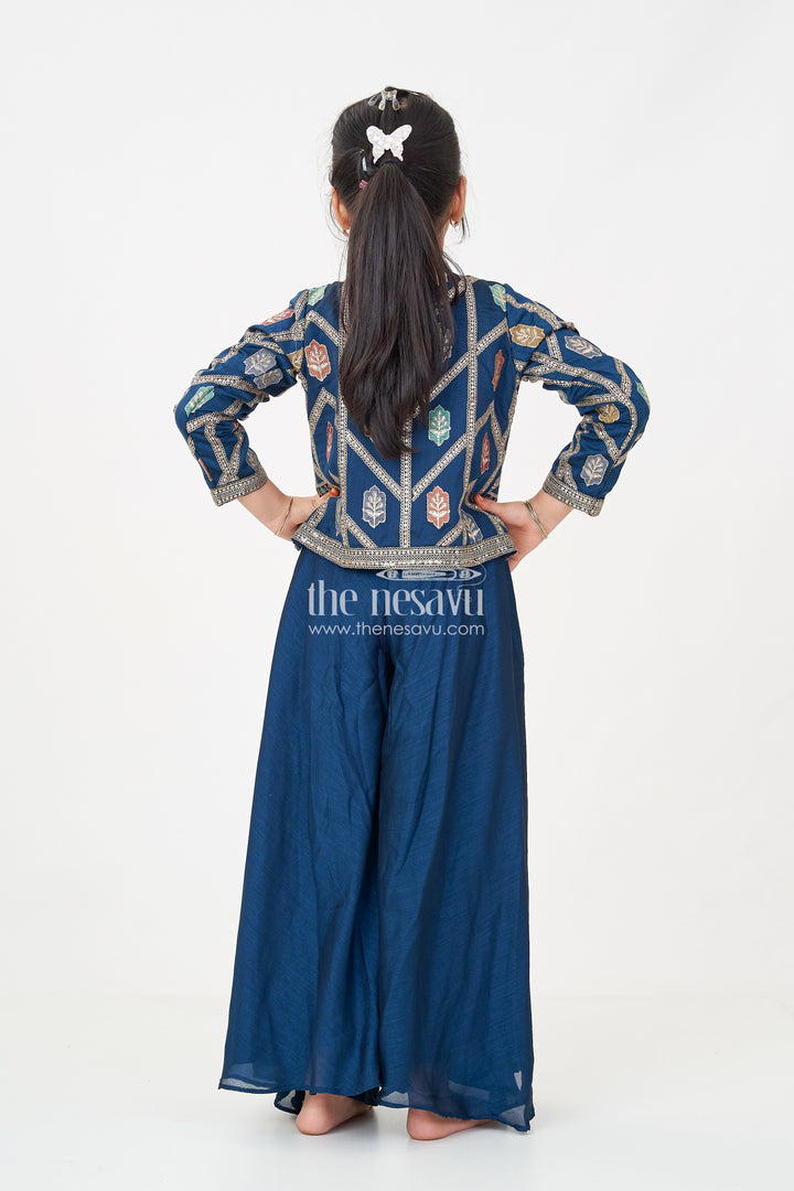 Stylish Party Wear for Girls in Blue Georgette Palazzo Set with Heavily Embroidered Jacket and Crop Top