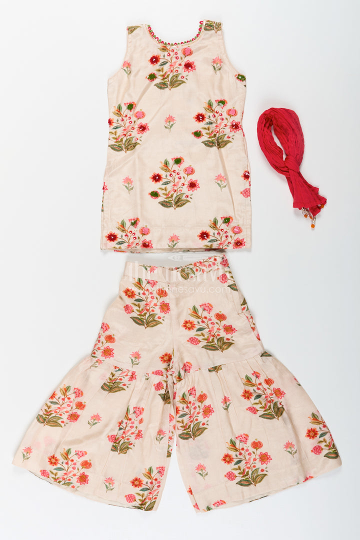 White Palazzo Suit for Girls in Floral Digital Print Viscose Silk with Flared Bottoms and Dupatta