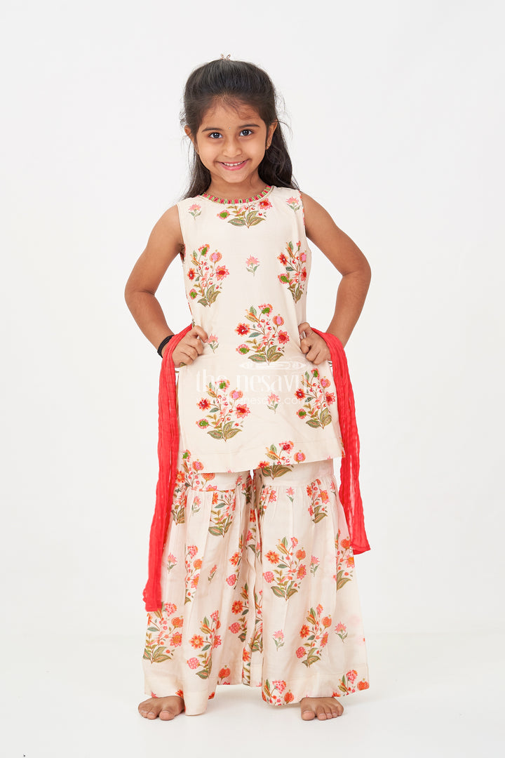 White Palazzo Suit for Girls in Floral Digital Print Viscose Silk with Flared Bottoms and Dupatta