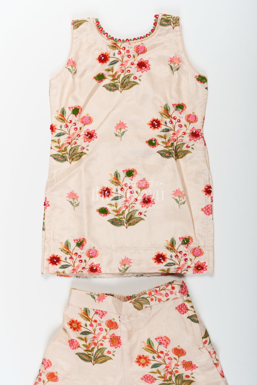 White Palazzo Suit for Girls in Floral Digital Print Viscose Silk with Flared Bottoms and Dupatta