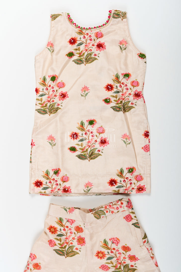 White Palazzo Suit for Girls in Floral Digital Print Viscose Silk with Flared Bottoms and Dupatta