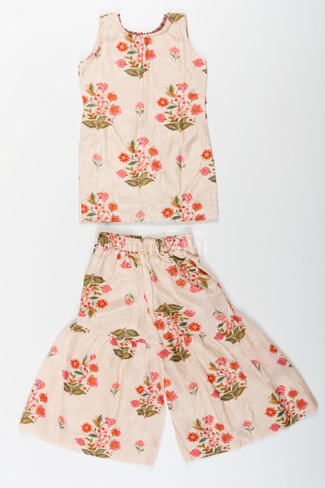 White Palazzo Suit for Girls in Floral Digital Print Viscose Silk with Flared Bottoms and Dupatta