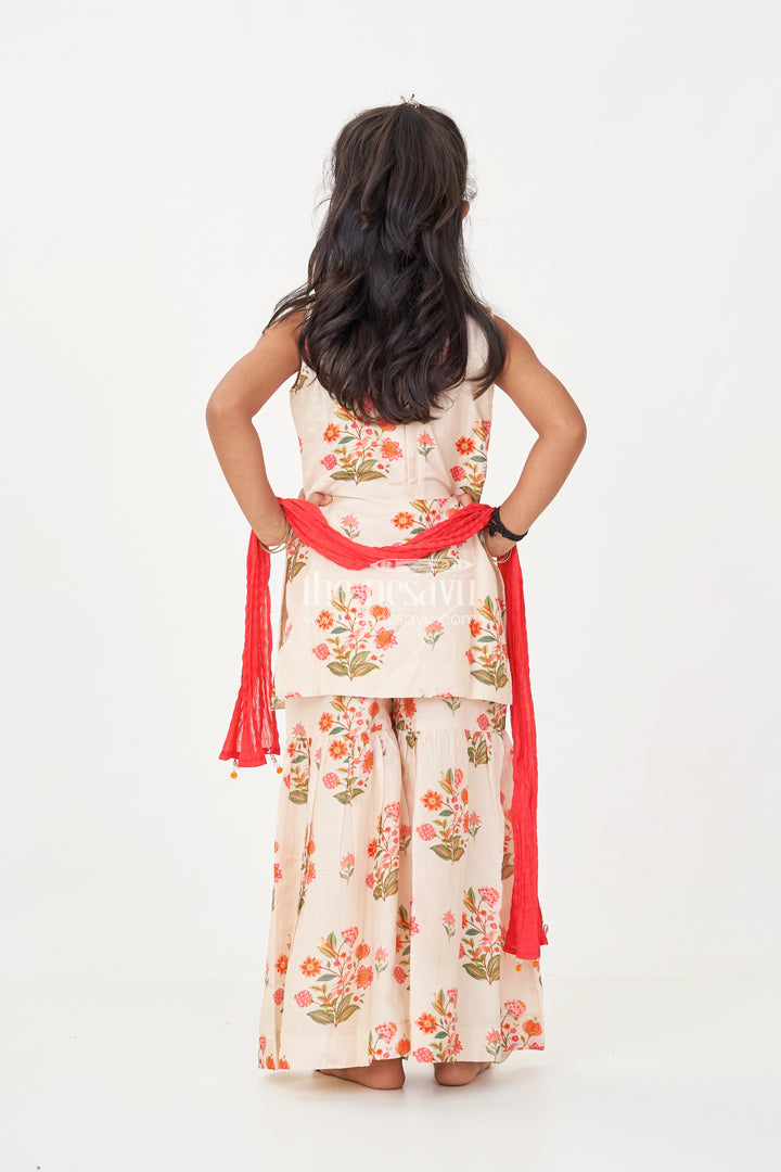 White Palazzo Suit for Girls in Floral Digital Print Viscose Silk with Flared Bottoms and Dupatta