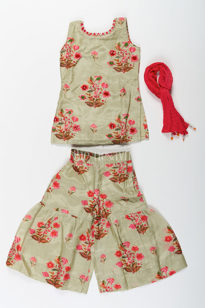 Palazzo Set with Coat for Girls in Floral Digital Print Viscose Silk Featuring Flared Bottoms and Dupatta