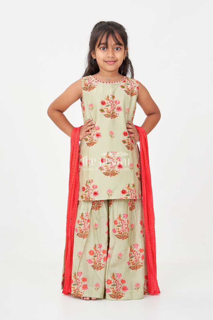 Palazzo Set with Coat for Girls in Floral Digital Print Viscose Silk Featuring Flared Bottoms and Dupatta