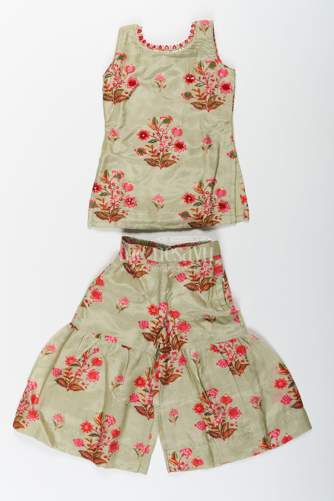 Palazzo Set with Coat for Girls in Floral Digital Print Viscose Silk Featuring Flared Bottoms and Dupatta