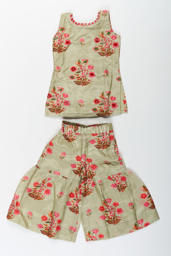 Palazzo Set with Coat for Girls in Floral Digital Print Viscose Silk Featuring Flared Bottoms and Dupatta
