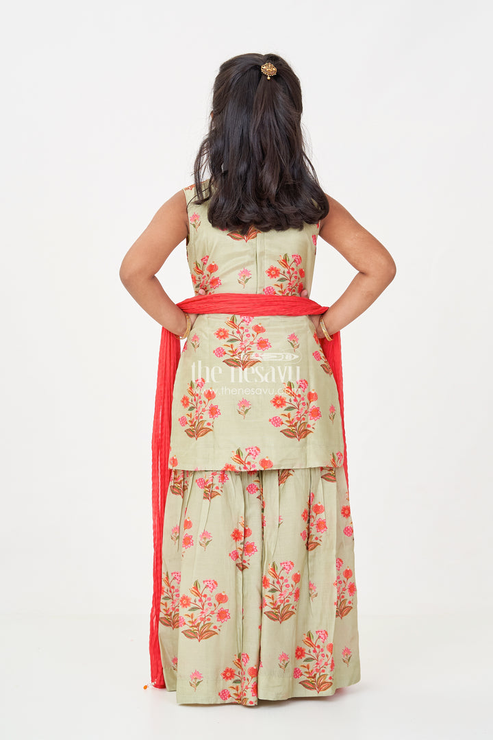 Palazzo Set with Coat for Girls in Floral Digital Print Viscose Silk Featuring Flared Bottoms and Dupatta