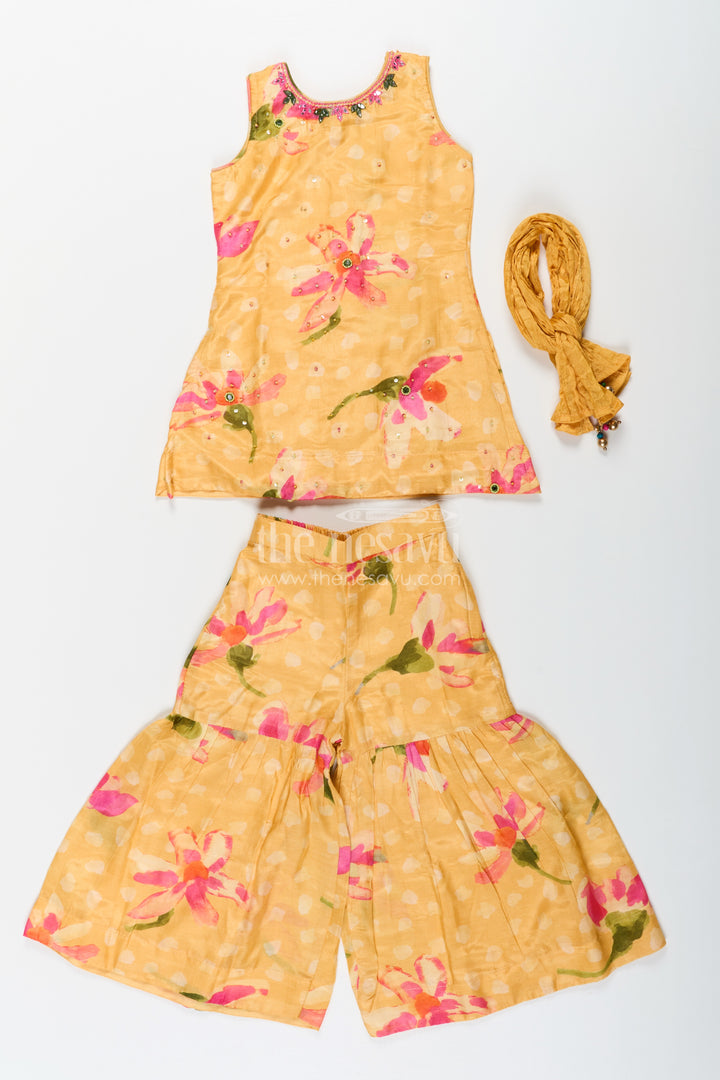 Sharara Outfits for Girls in Viscose Silk with Yellow Floral Print and Matching Dupatta