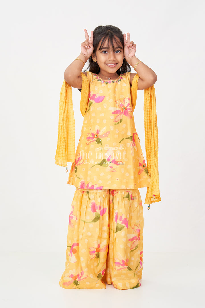 Sharara Outfits for Girls in Viscose Silk with Yellow Floral Print and Matching Dupatta