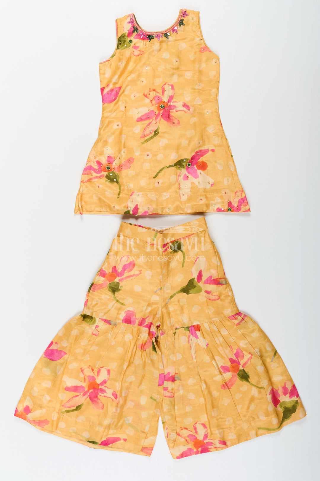 Sharara Outfits for Girls in Viscose Silk with Yellow Floral Print and Matching Dupatta