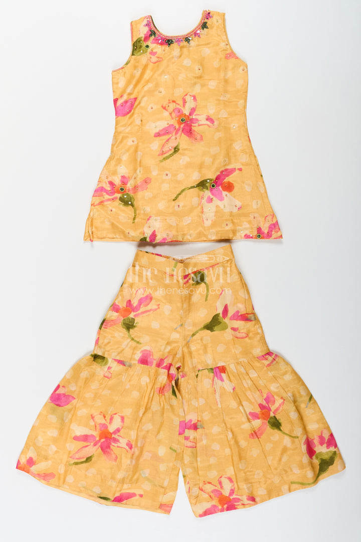 Sharara Outfits for Girls in Viscose Silk with Yellow Floral Print and Matching Dupatta