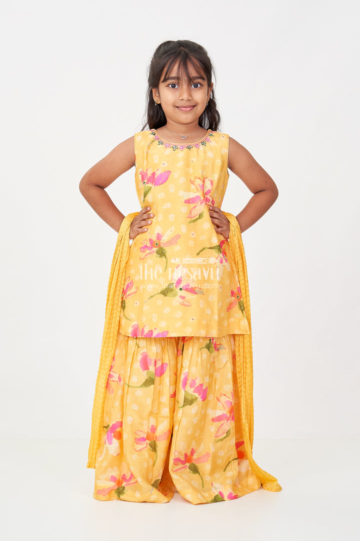 Sharara Outfits for Girls in Viscose Silk with Yellow Floral Print and Matching Dupatta