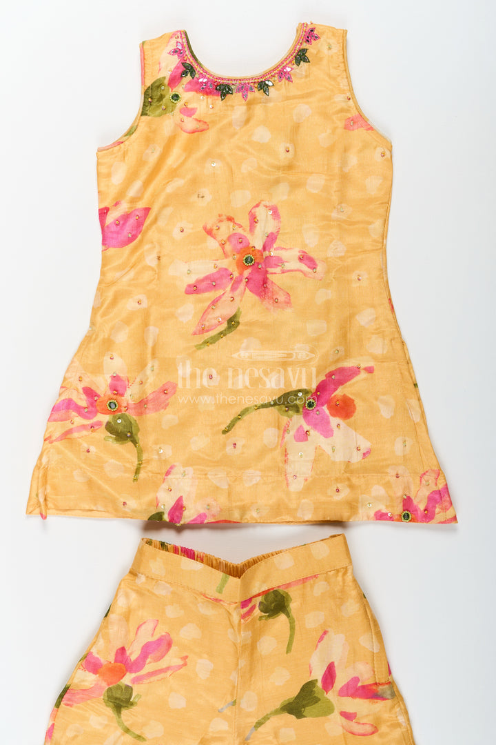 Sharara Outfits for Girls in Viscose Silk with Yellow Floral Print and Matching Dupatta