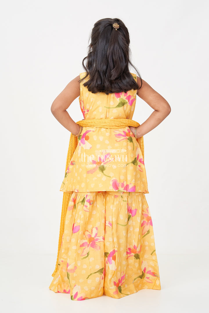 Sharara Outfits for Girls in Viscose Silk with Yellow Floral Print and Matching Dupatta