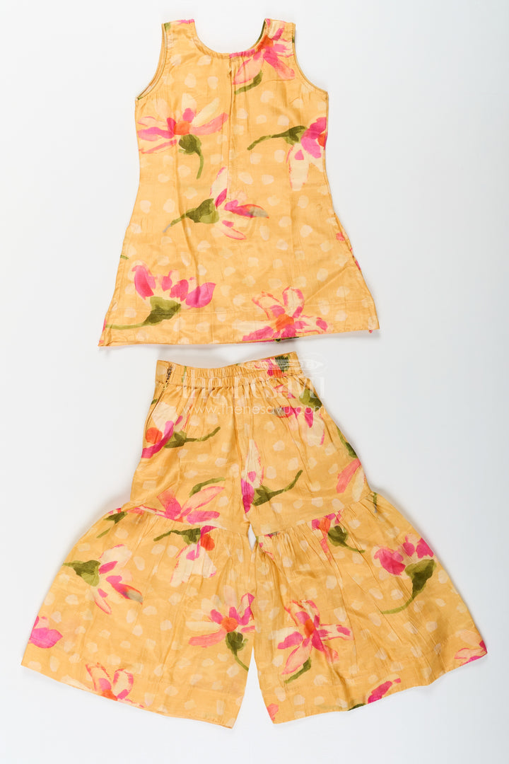 Sharara Outfits for Girls in Viscose Silk with Yellow Floral Print and Matching Dupatta