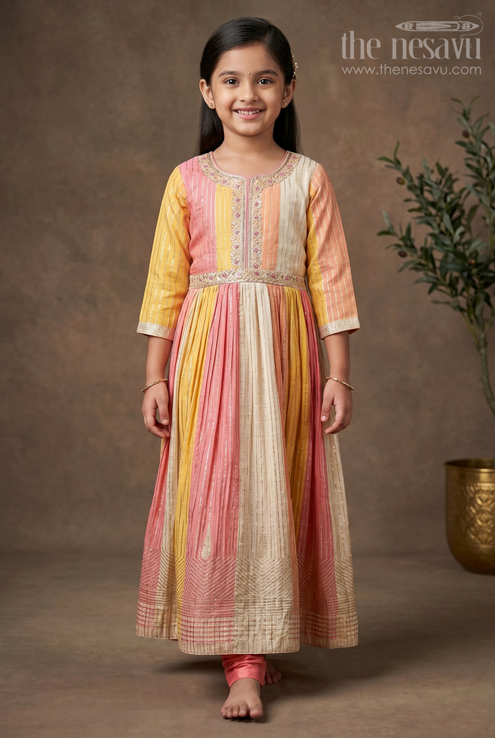 Multi Color Girls Silk Gown in Colour Blocked Banarasi Jacquard with Pink Leggings and Dupatta