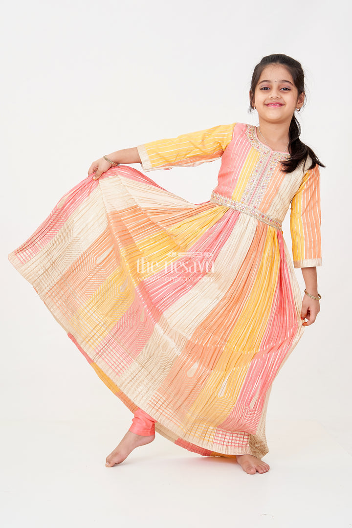 Multi Color Sharara Girls Silk Gown in Colour Blocked Banarasi Jacquard with Pink Leggings and Dupatta