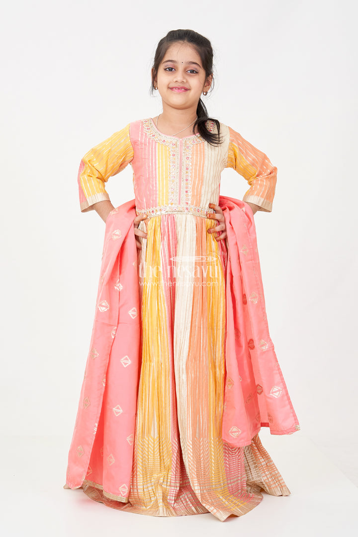 Multi Color Sharara Girls Silk Gown in Colour Blocked Banarasi Jacquard with Pink Leggings and Dupatta