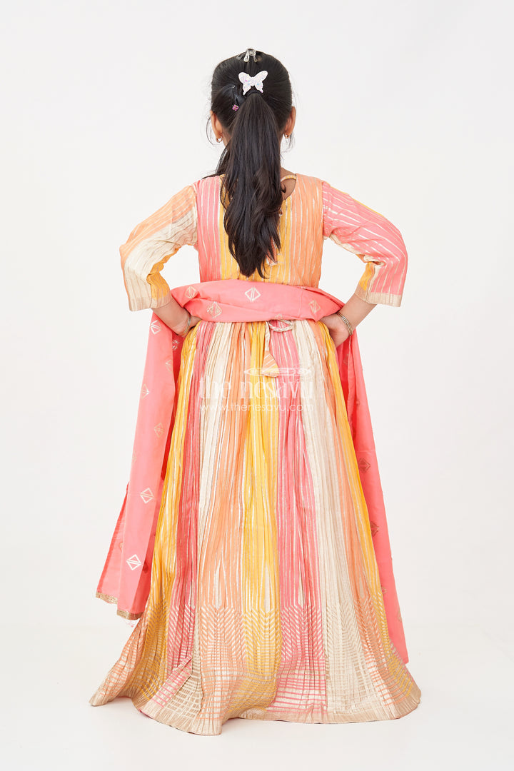 Multi Color Sharara Girls Silk Gown in Colour Blocked Banarasi Jacquard with Pink Leggings and Dupatta