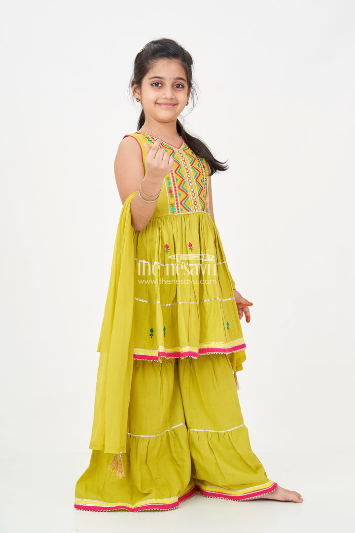 Girls Green Churidar Set with Thread Embroidered Sleeveless Kurta and Matching Flared Pants