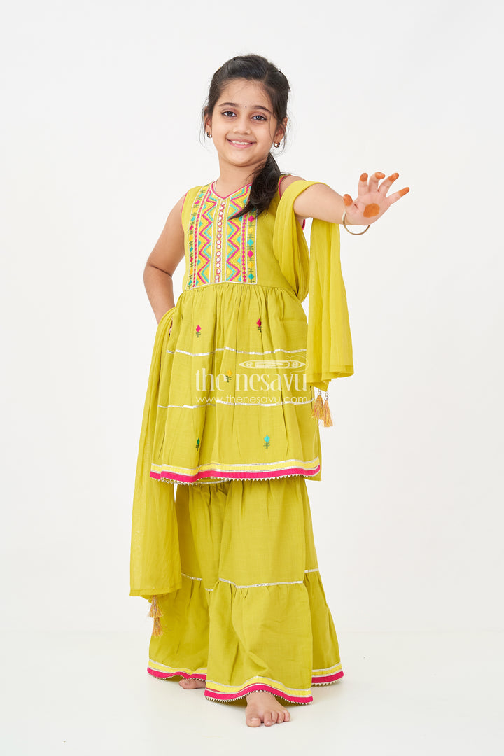Girls Green Churidar Set with Thread Embroidered Sleeveless Kurta and Matching Flared Pants