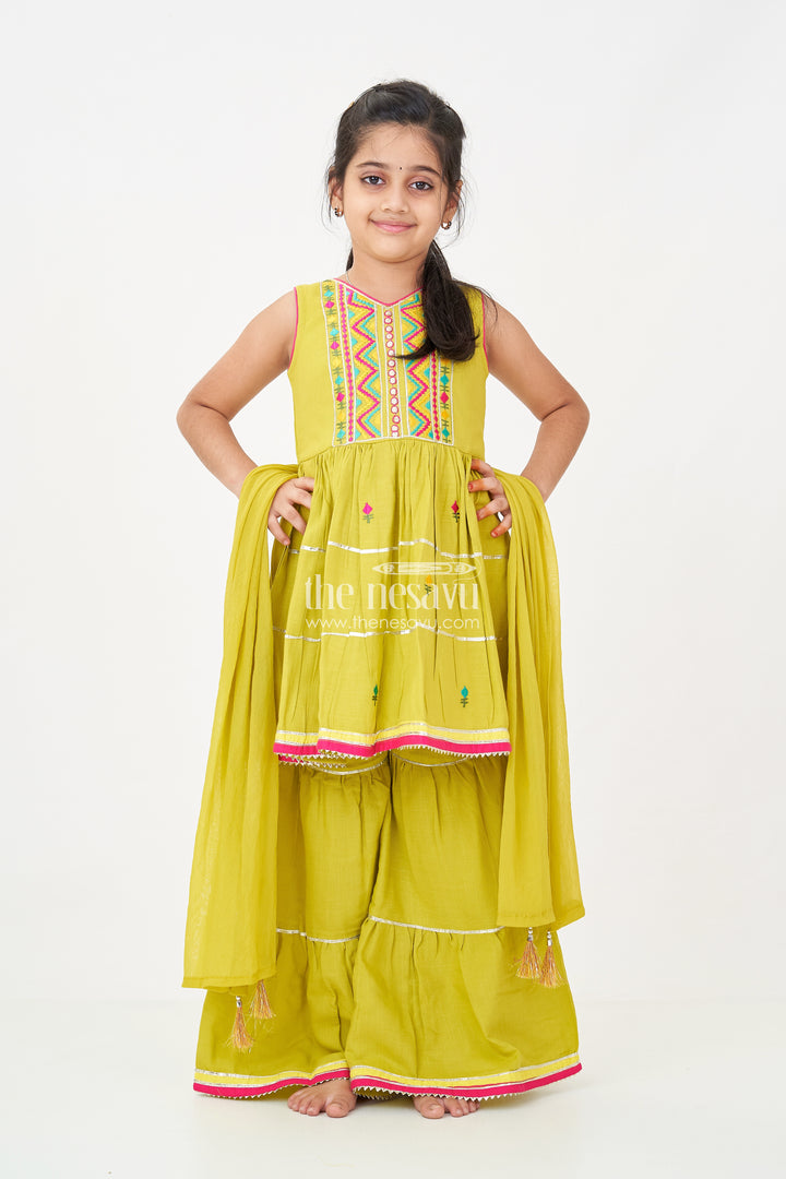 Girls Green Churidar Set with Thread Embroidered Sleeveless Kurta and Matching Flared Pants