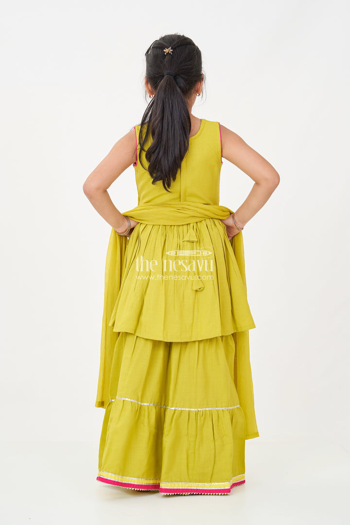 Girls Green Churidar Set with Thread Embroidered Sleeveless Kurta and Matching Flared Pants