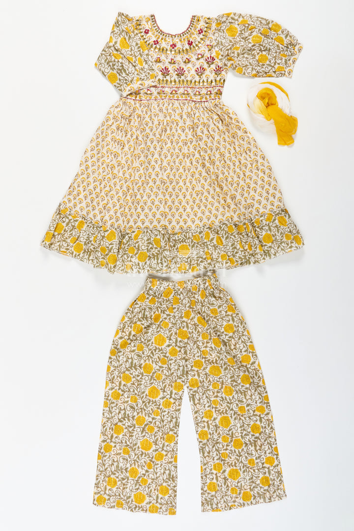 Girls Partywear Sharara Set in Yellow Floral Cotton with Mirror and Thread Embroidery Accents
