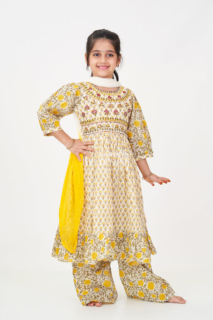 Girls Partywear Sharara Set in Yellow Floral Cotton with Mirror and Thread Embroidery Accents