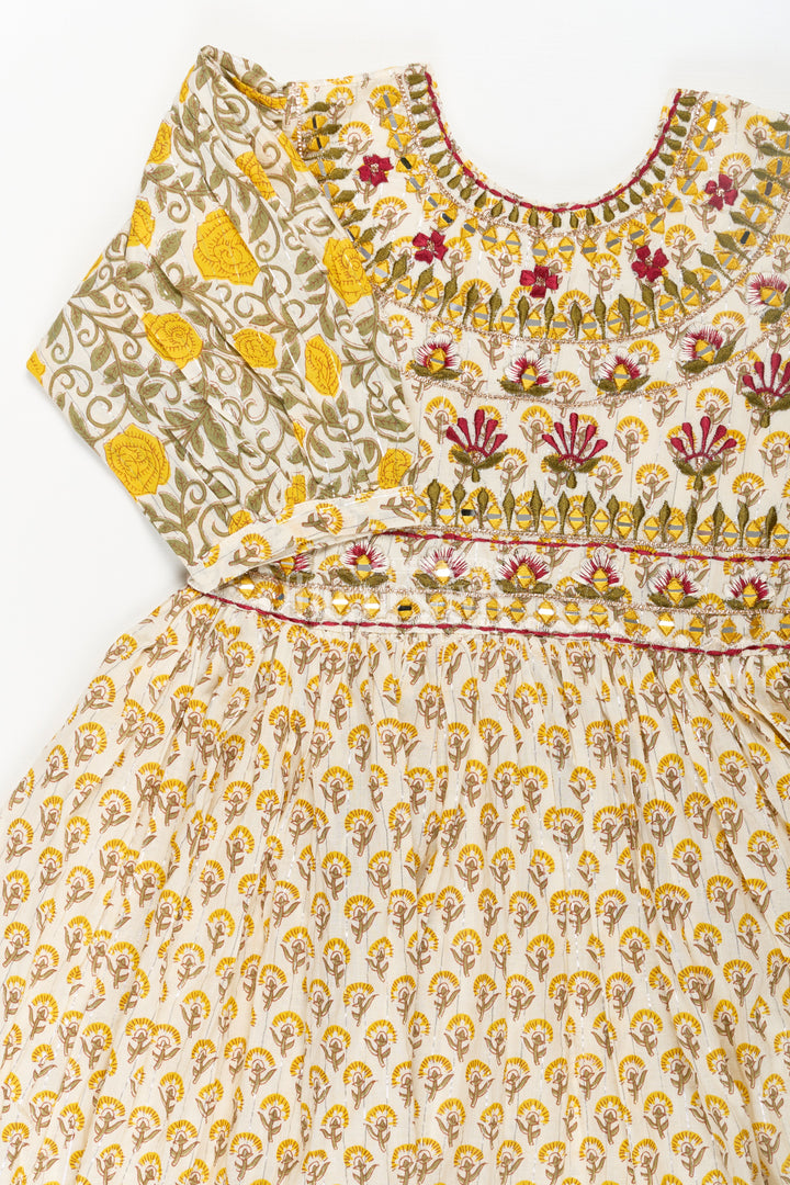 Girls Partywear Sharara Set in Yellow Floral Cotton with Mirror and Thread Embroidery Accents