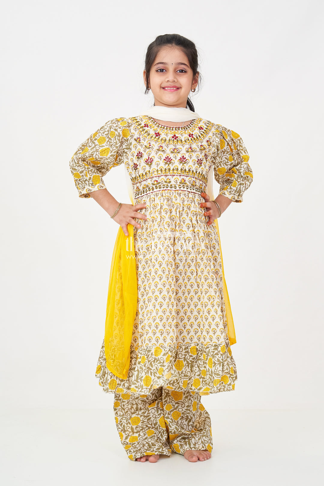 Girls Partywear Sharara Set in Yellow Floral Cotton with Mirror and Thread Embroidery Accents