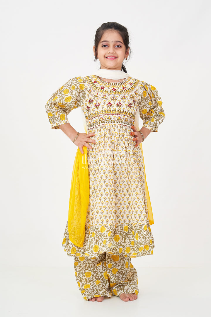 Girls Partywear Sharara Set in Yellow Floral Cotton with Mirror and Thread Embroidery Accents