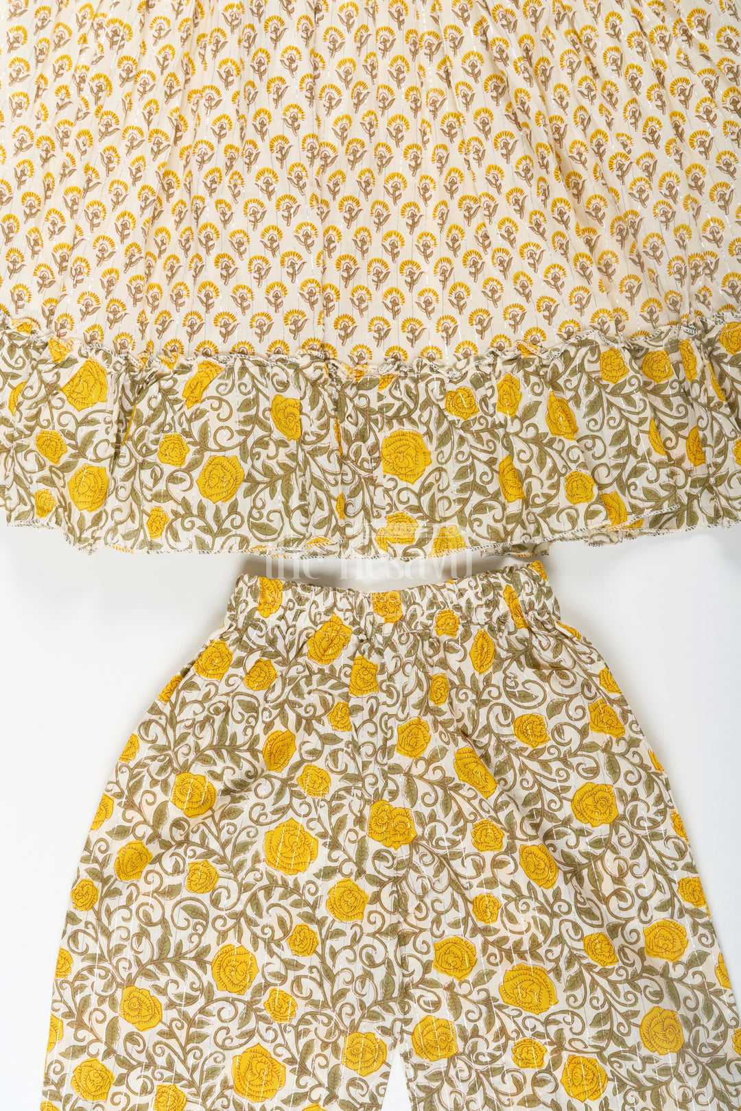 Girls Partywear Sharara Set in Yellow Floral Cotton with Mirror and Thread Embroidery Accents