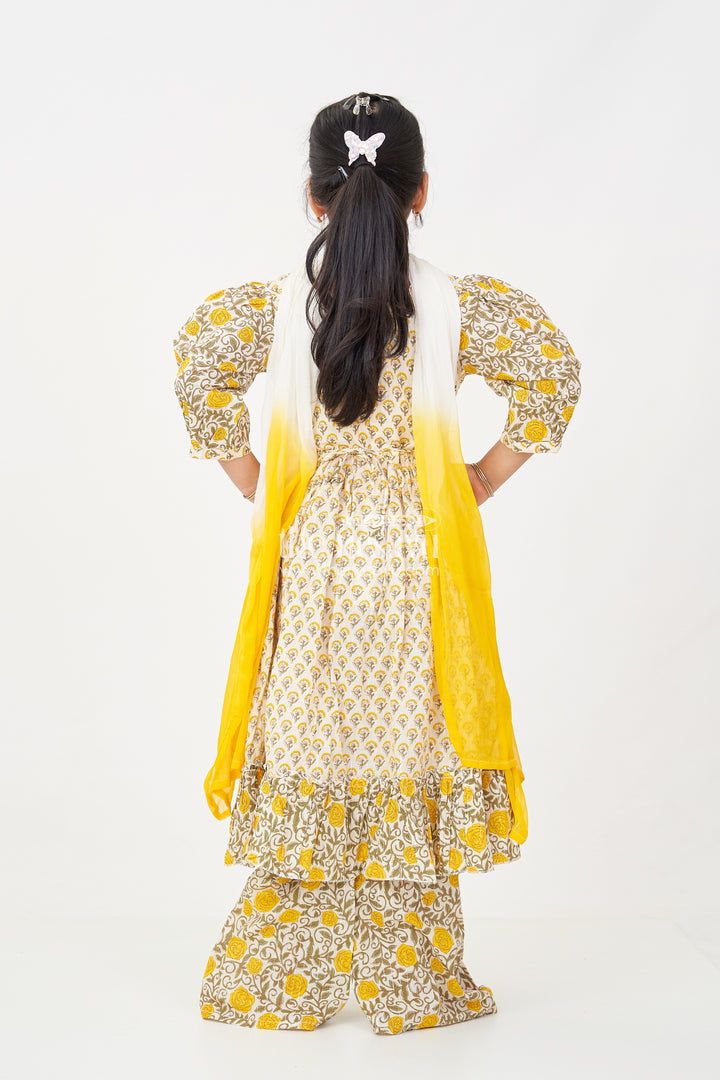 Girls Partywear Sharara Set in Yellow Floral Cotton with Mirror and Thread Embroidery Accents