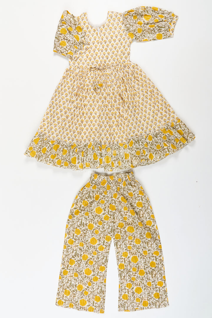 Girls Partywear Sharara Set in Yellow Floral Cotton with Mirror and Thread Embroidery Accents