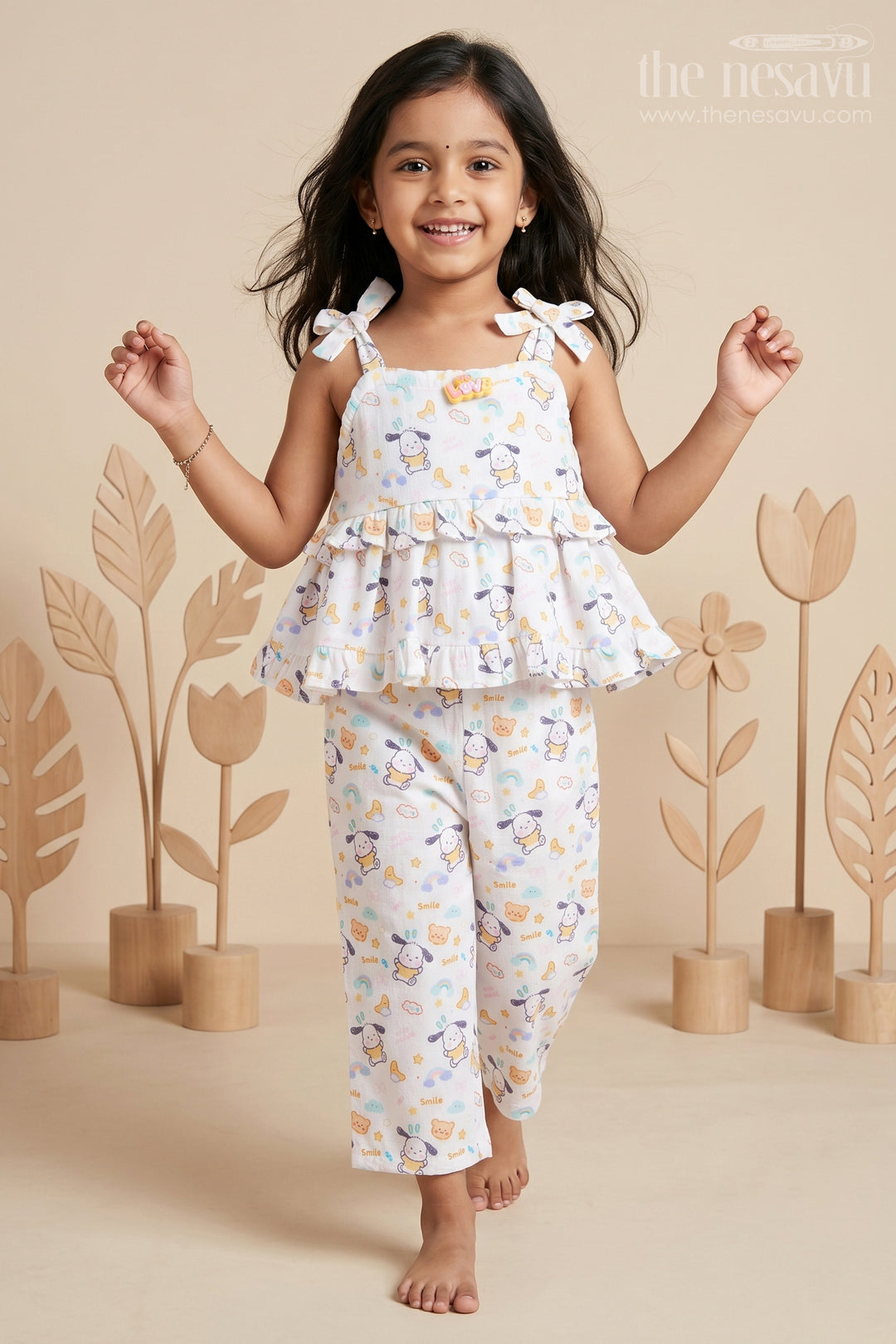 Girls Fashionable Sharara Set in Soft Muslin with Digital Print and Ruffle Top Design