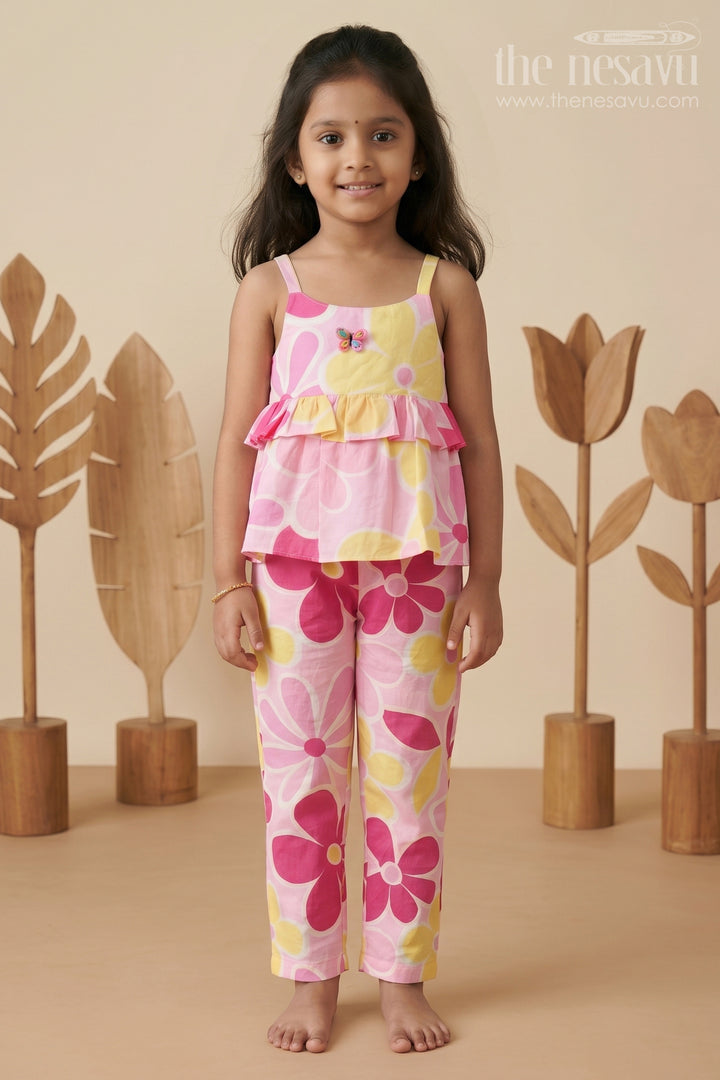 Girls Printed White Top with Matching Floral Pant Set in Bright Cotton Fabric