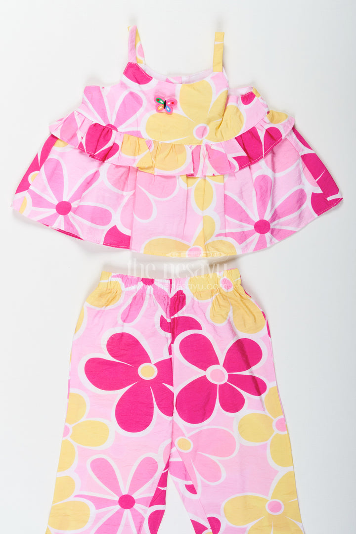 Girls Printed White Top with Matching Floral Pant Set in Bright Cotton Fabric