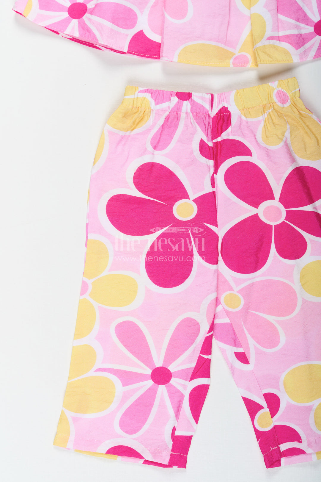 Girls Printed White Top with Matching Floral Pant Set in Bright Cotton Fabric