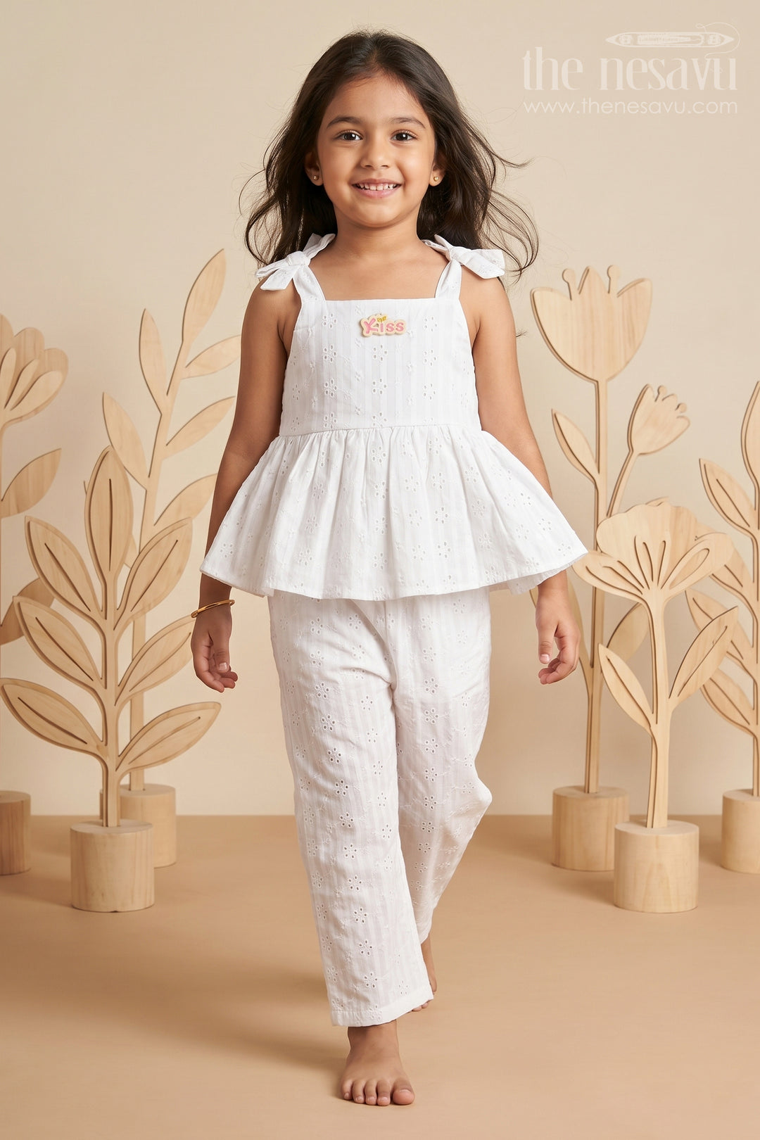 Girls White Party Wear Set in Hakoba Cotton with Bow-Tie Straps and Elegant Embroidery