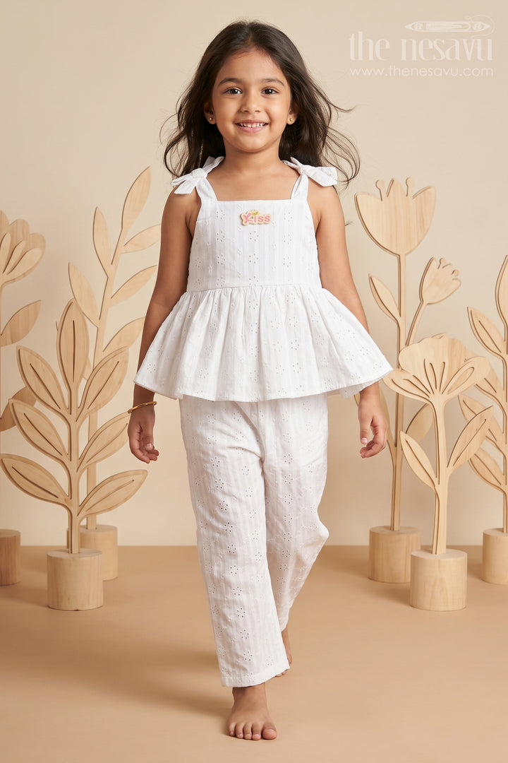 Girls White Party Wear Set in Hakoba Cotton with Bow-Tie Straps and Elegant Embroidery